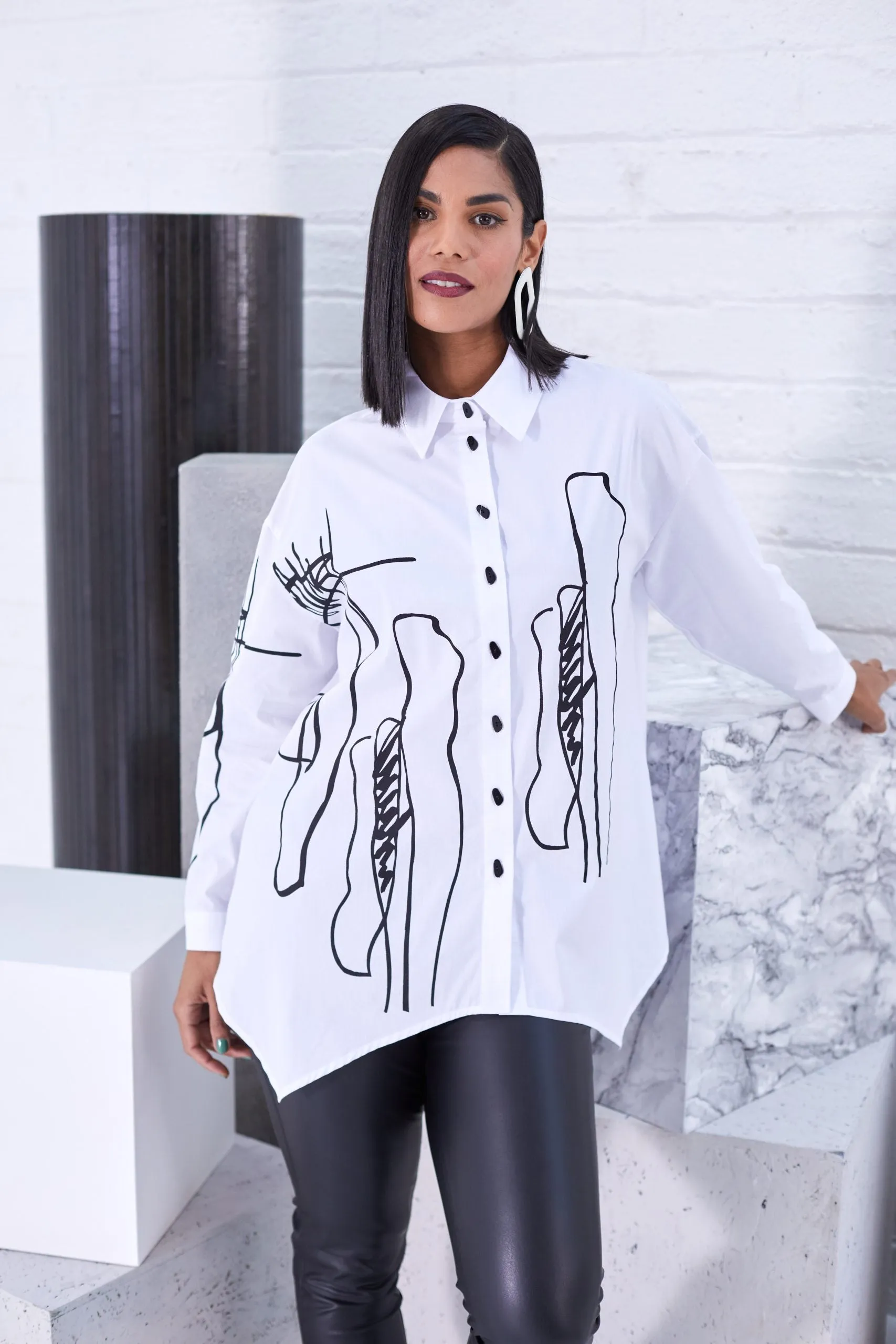 149- White and Black Ora Scribble Print Cotton Shirt