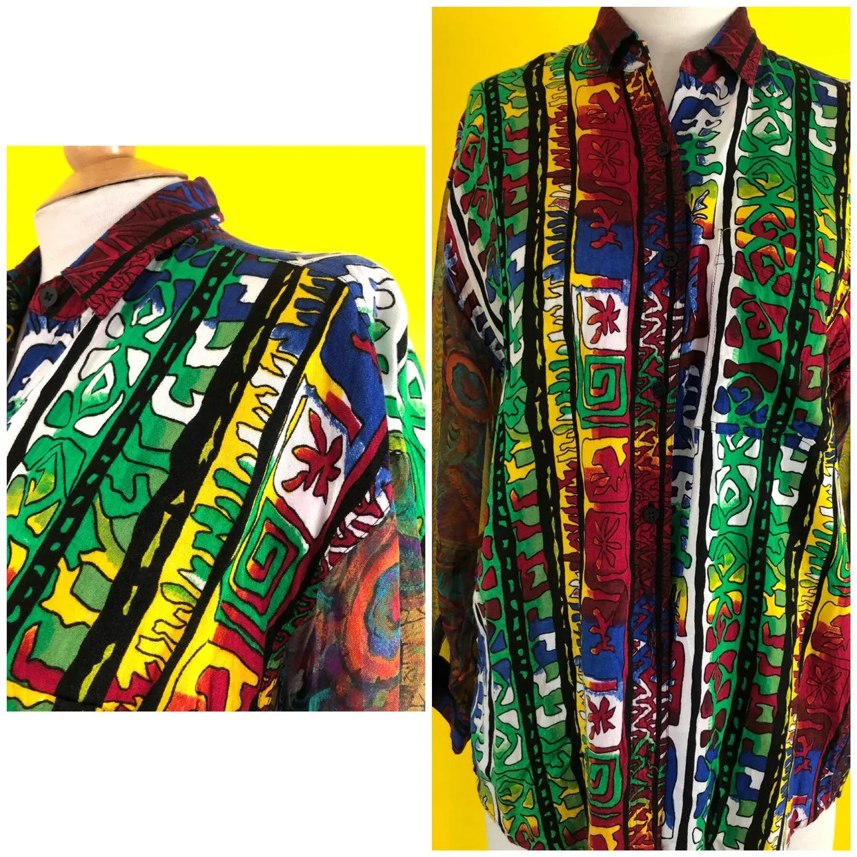 80s 90s Vintage Button Down Blouse, Sheer Sleeve, Tribal Print, Hipster Slouch.