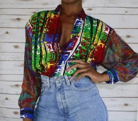 80s 90s Vintage Button Down Blouse, Sheer Sleeve, Tribal Print, Hipster Slouch.