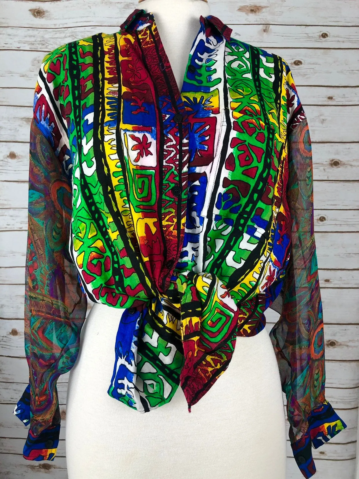 80s 90s Vintage Button Down Blouse, Sheer Sleeve, Tribal Print, Hipster Slouch.