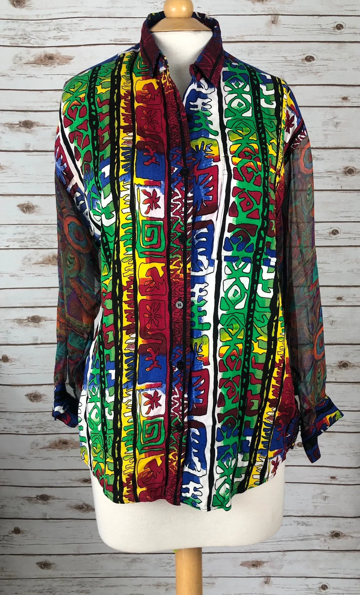 80s 90s Vintage Button Down Blouse, Sheer Sleeve, Tribal Print, Hipster Slouch.