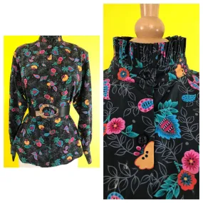 80s 90s vintage floral blouse women's shirt black flowers bold 1980s top