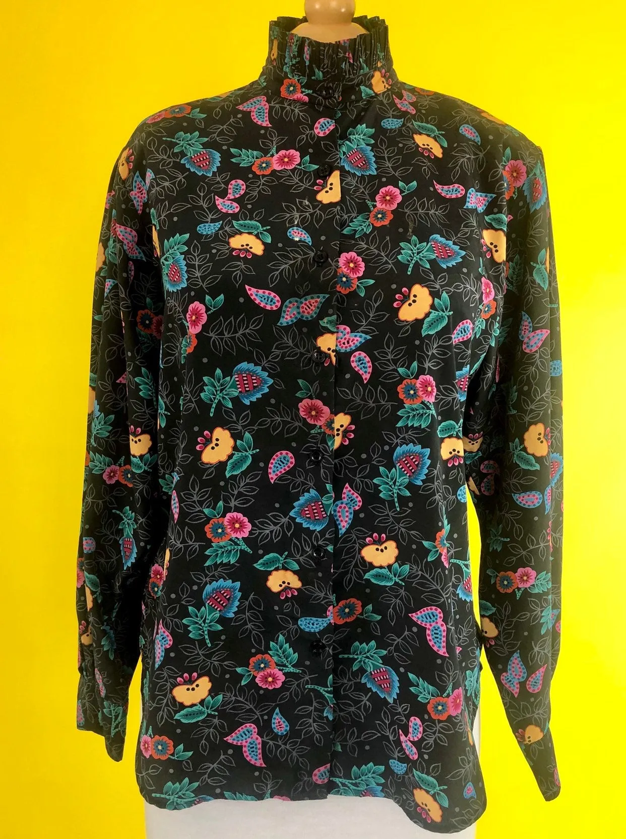 80s 90s vintage floral blouse women's shirt black flowers bold 1980s top