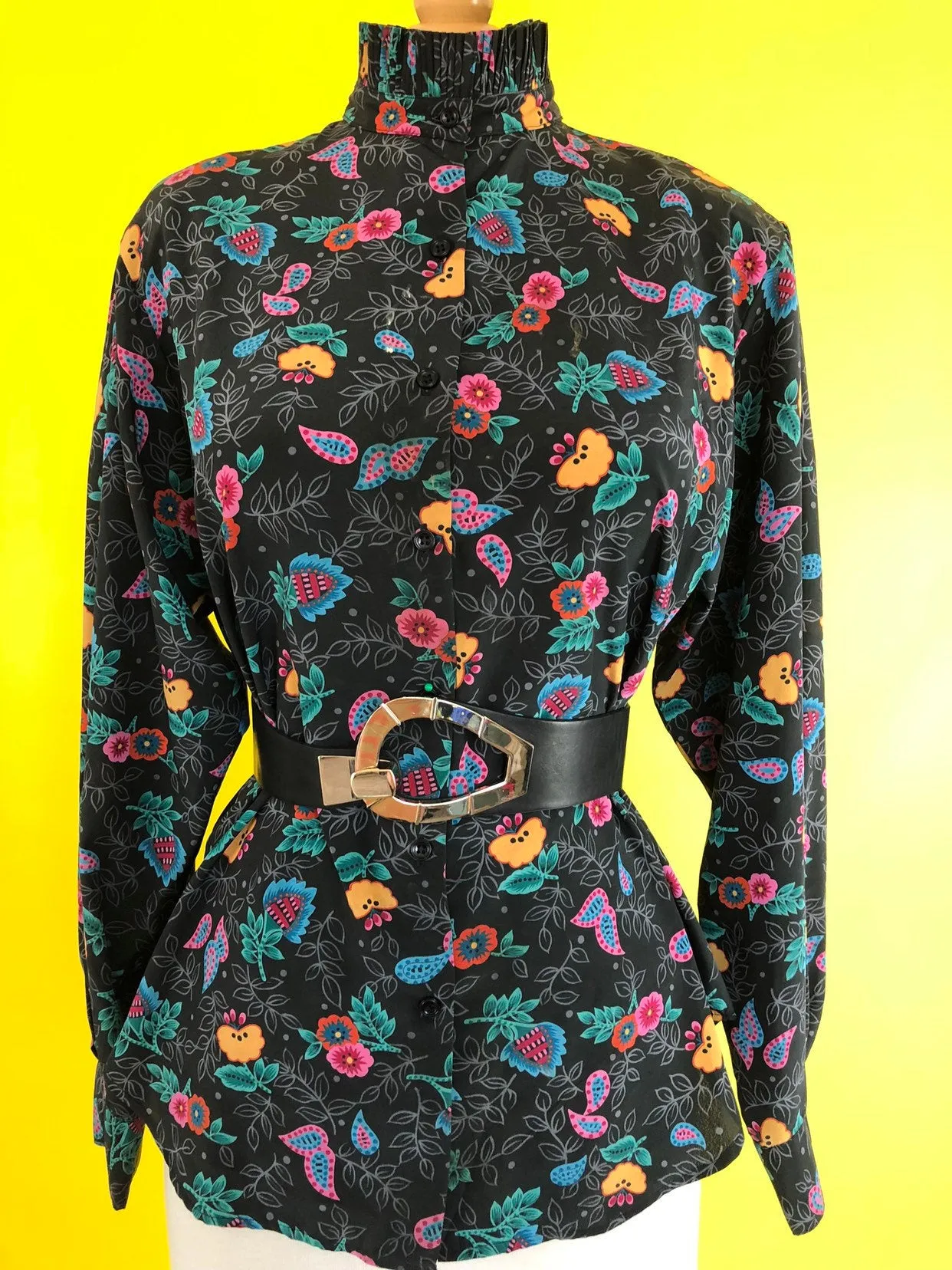 80s 90s vintage floral blouse women's shirt black flowers bold 1980s top