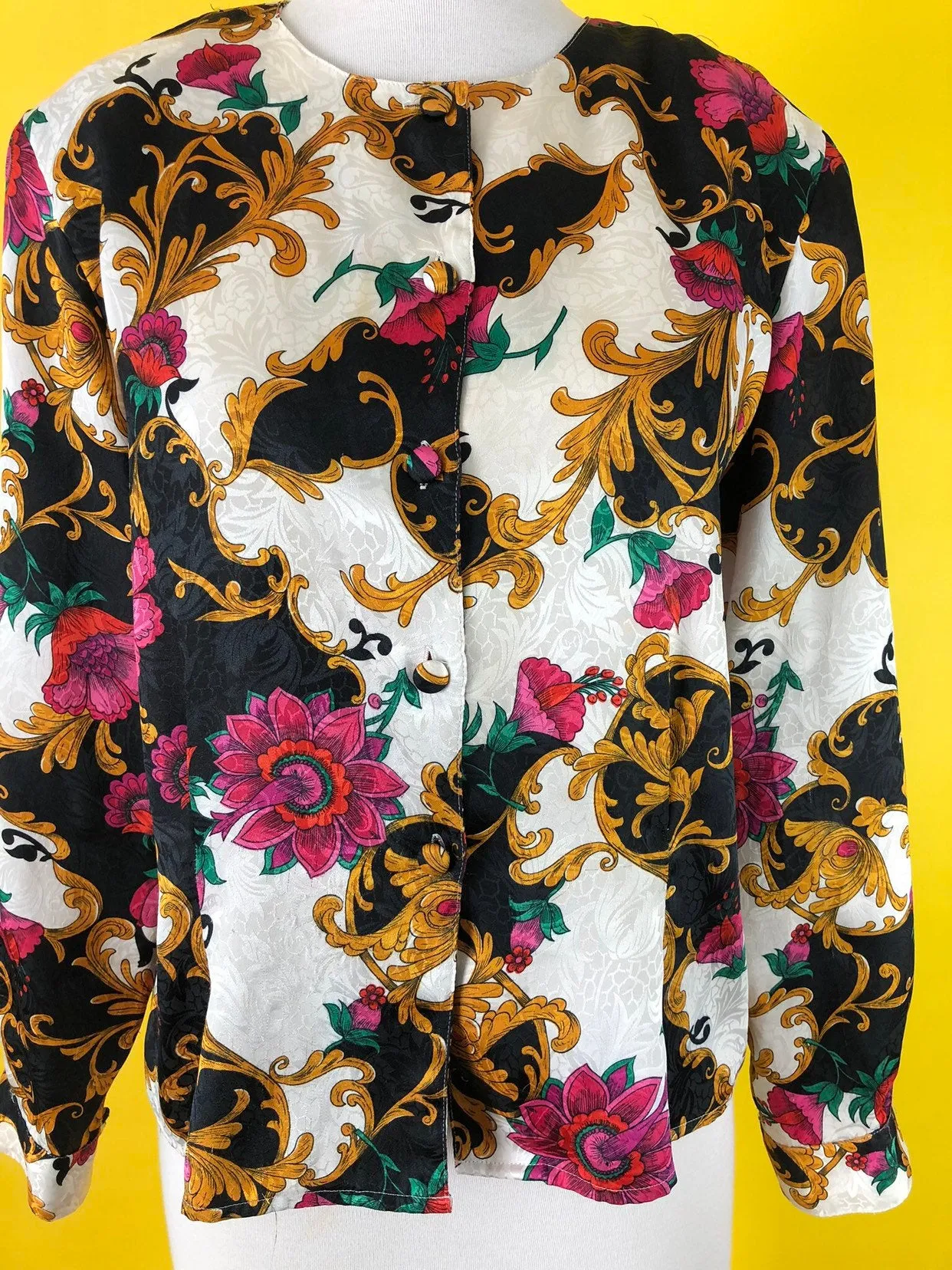 80s 90s vintage rose blouse, bold Versace style print, hipster 1980s top.