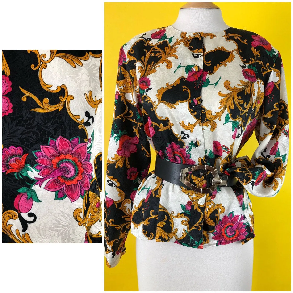 80s 90s vintage rose blouse, bold Versace style print, hipster 1980s top.