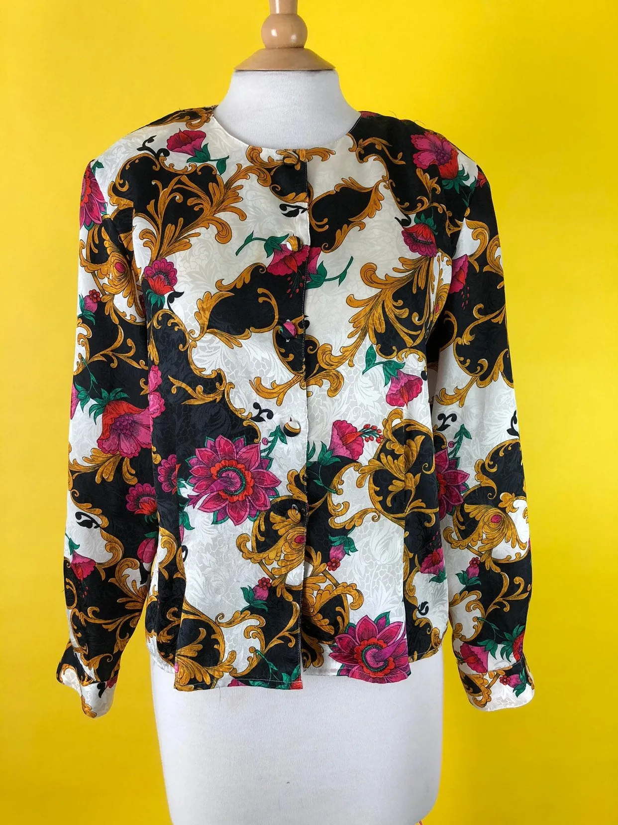 80s 90s vintage rose blouse, bold Versace style print, hipster 1980s top.