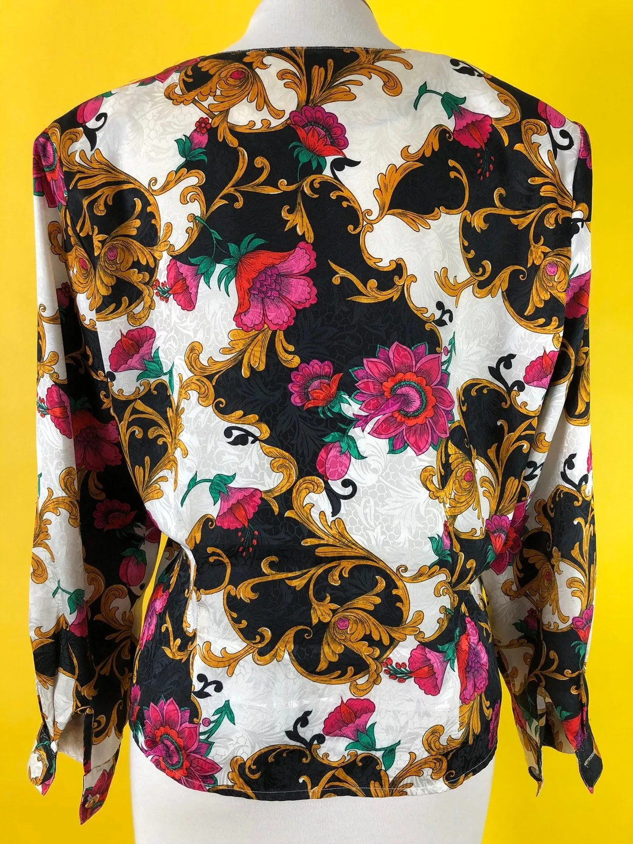 80s 90s vintage rose blouse, bold Versace style print, hipster 1980s top.