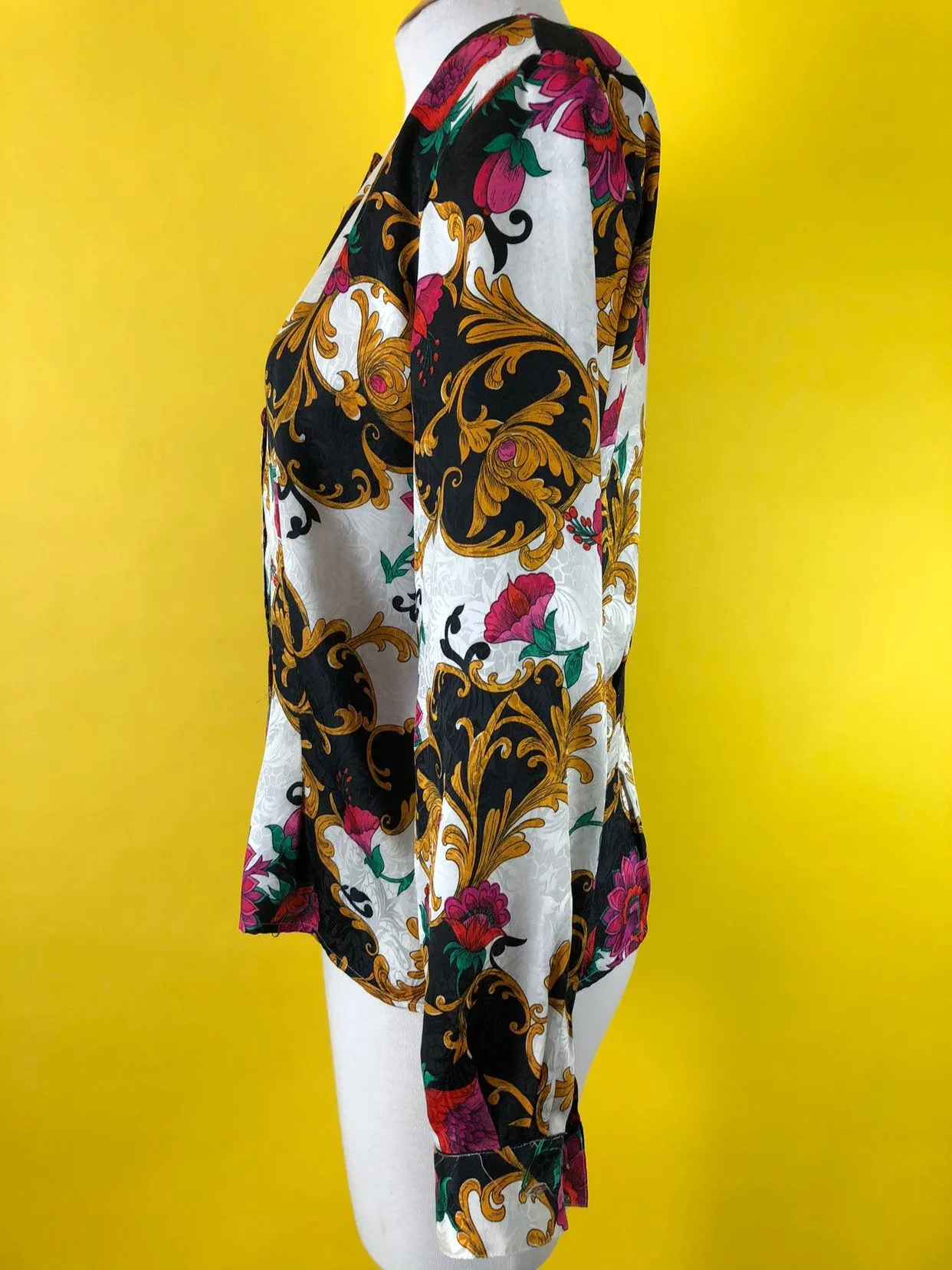 80s 90s vintage rose blouse, bold Versace style print, hipster 1980s top.