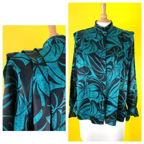 80s Vintage Polyester Blouse - TJW Mervyns Satin Shirt - Monstera Leaf Top