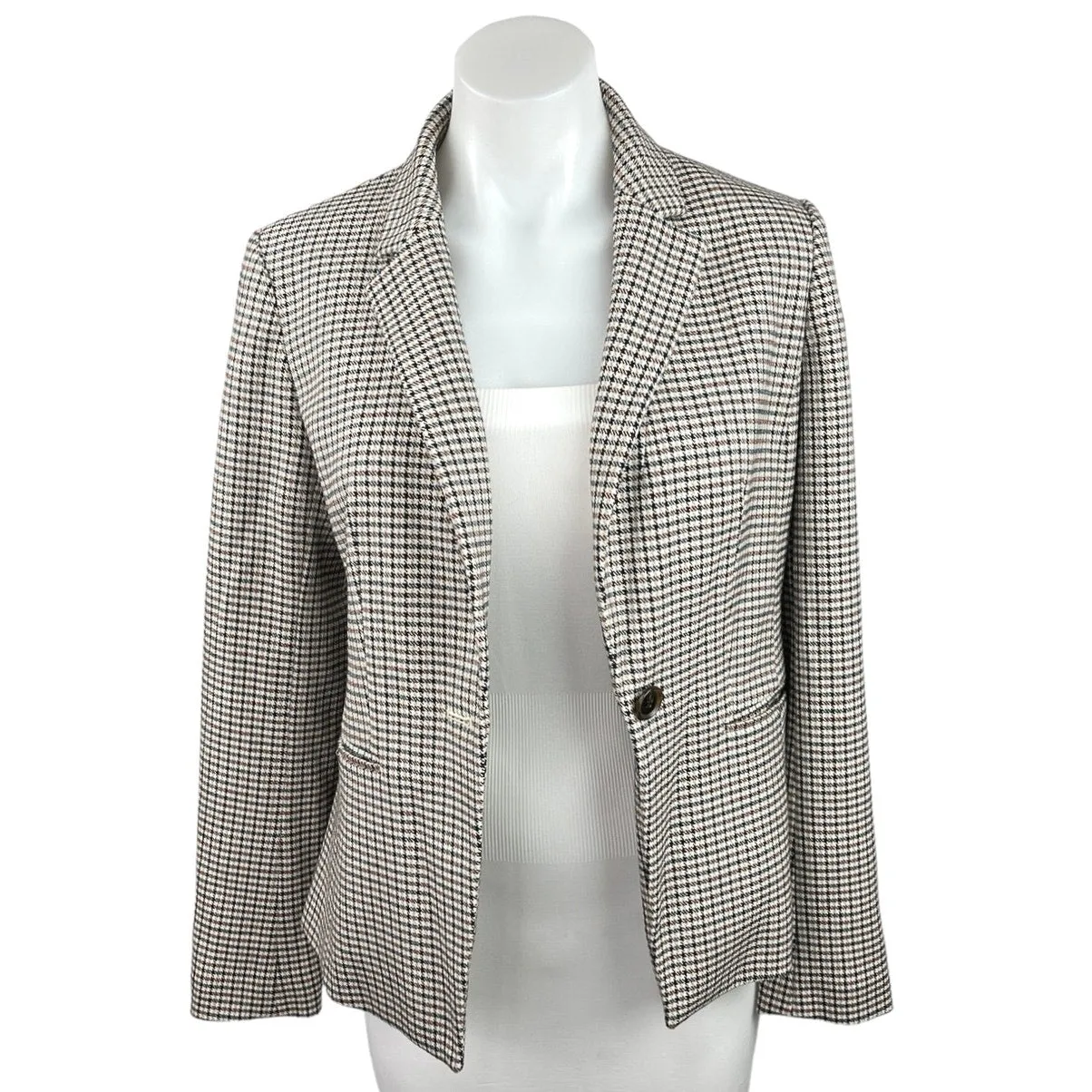 Ann Taylor Gray Plaid Checkered One-Button Career Office Blazer Jacket Size 0