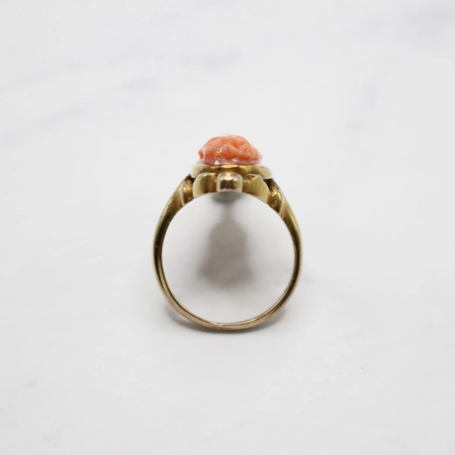 antique coral cameo pinky ring, circa 1890 - Google SEO friendly words result.