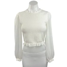 Aritzia Wilfred Women's White Puff Sleeve Smocked Ruffle Edge Sweater Top Size S