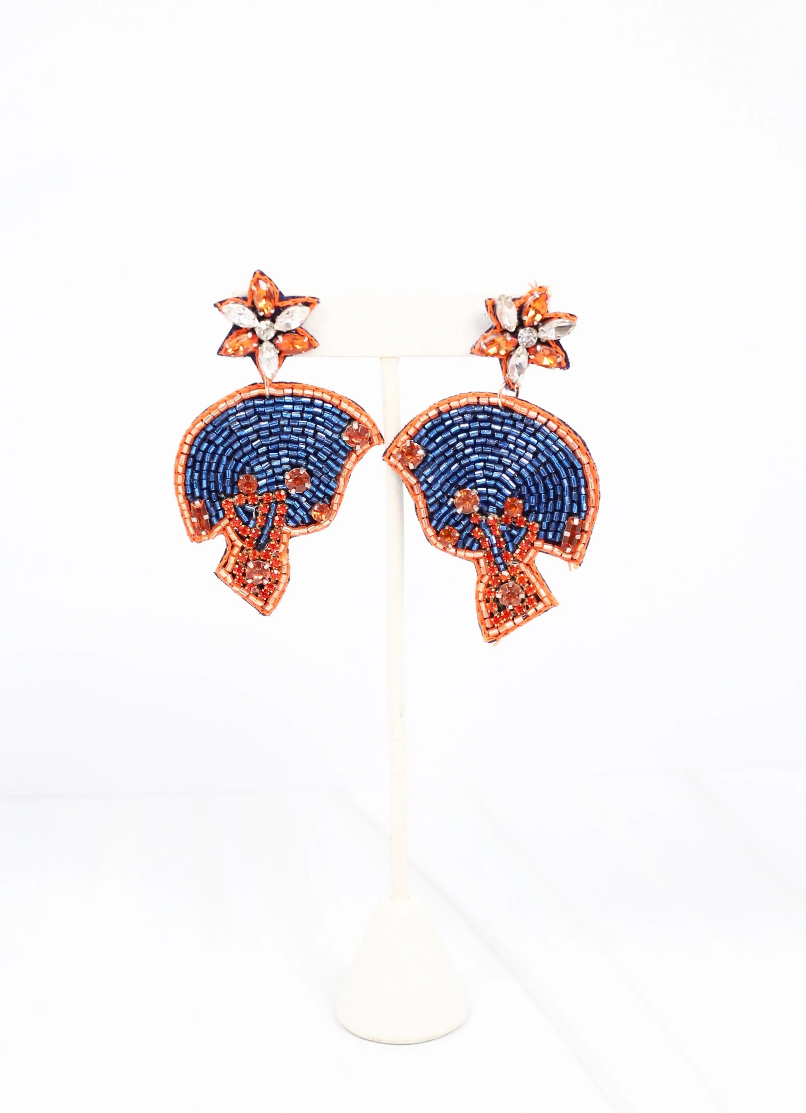 Beaded Football Helmet Earring Navy Orange