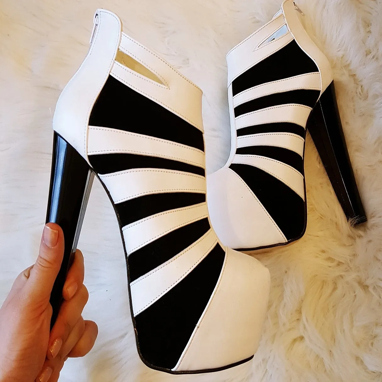 Black and White Striped Ankle Platform Boots