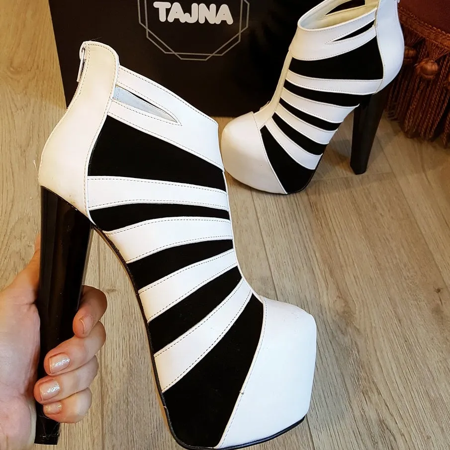 Black and White Striped Ankle Platform Boots