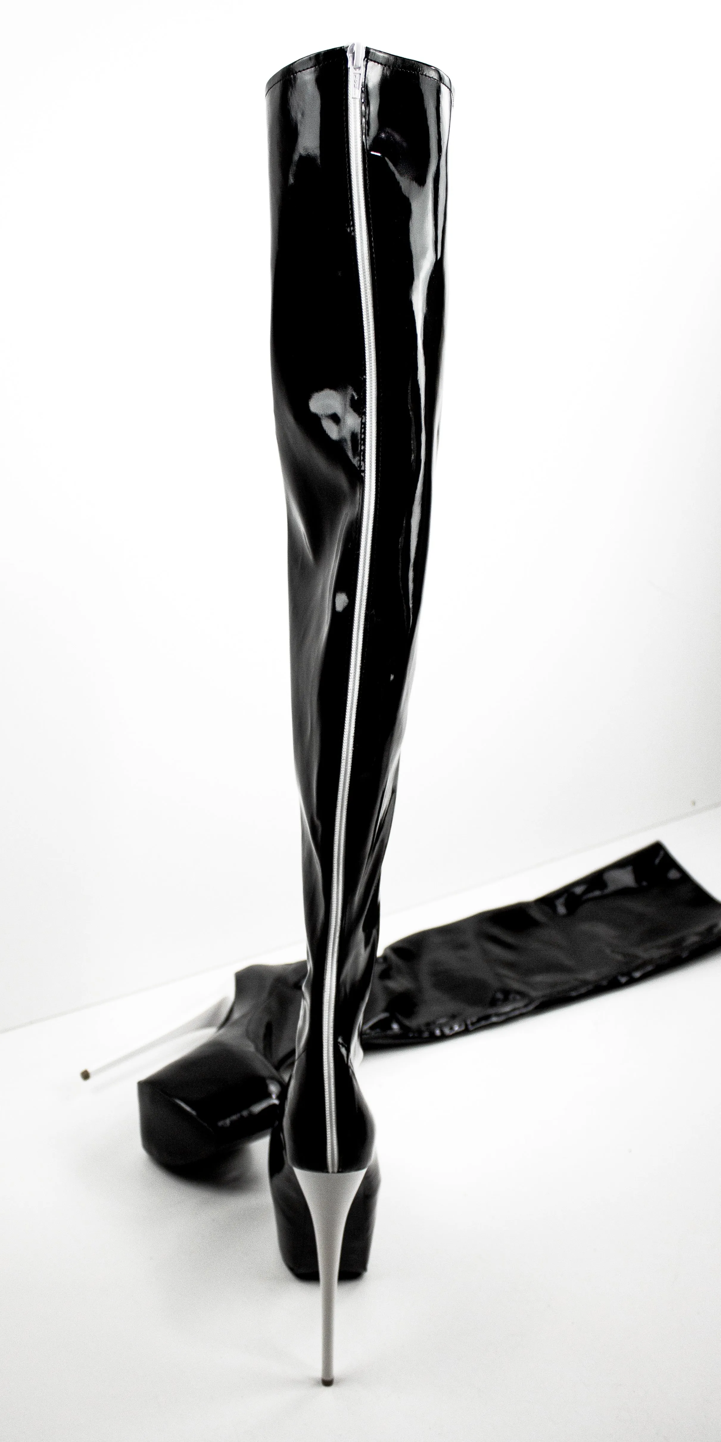 Black Gloss Thigh High Boots – White Back Zipper – High Heel