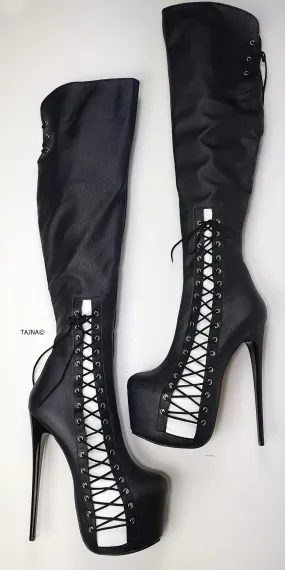 Black Over Knee Boots with Matte White Corset Detail