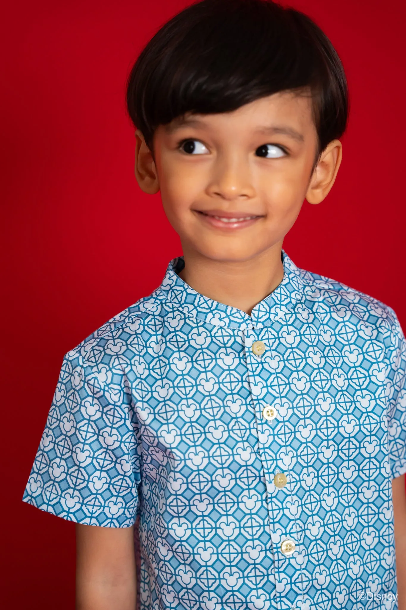 Blue Mandarin-Collared Shirt with Mickey Tiles