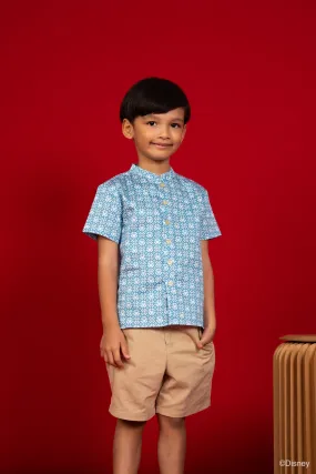 Blue Mandarin-Collared Shirt with Mickey Tiles