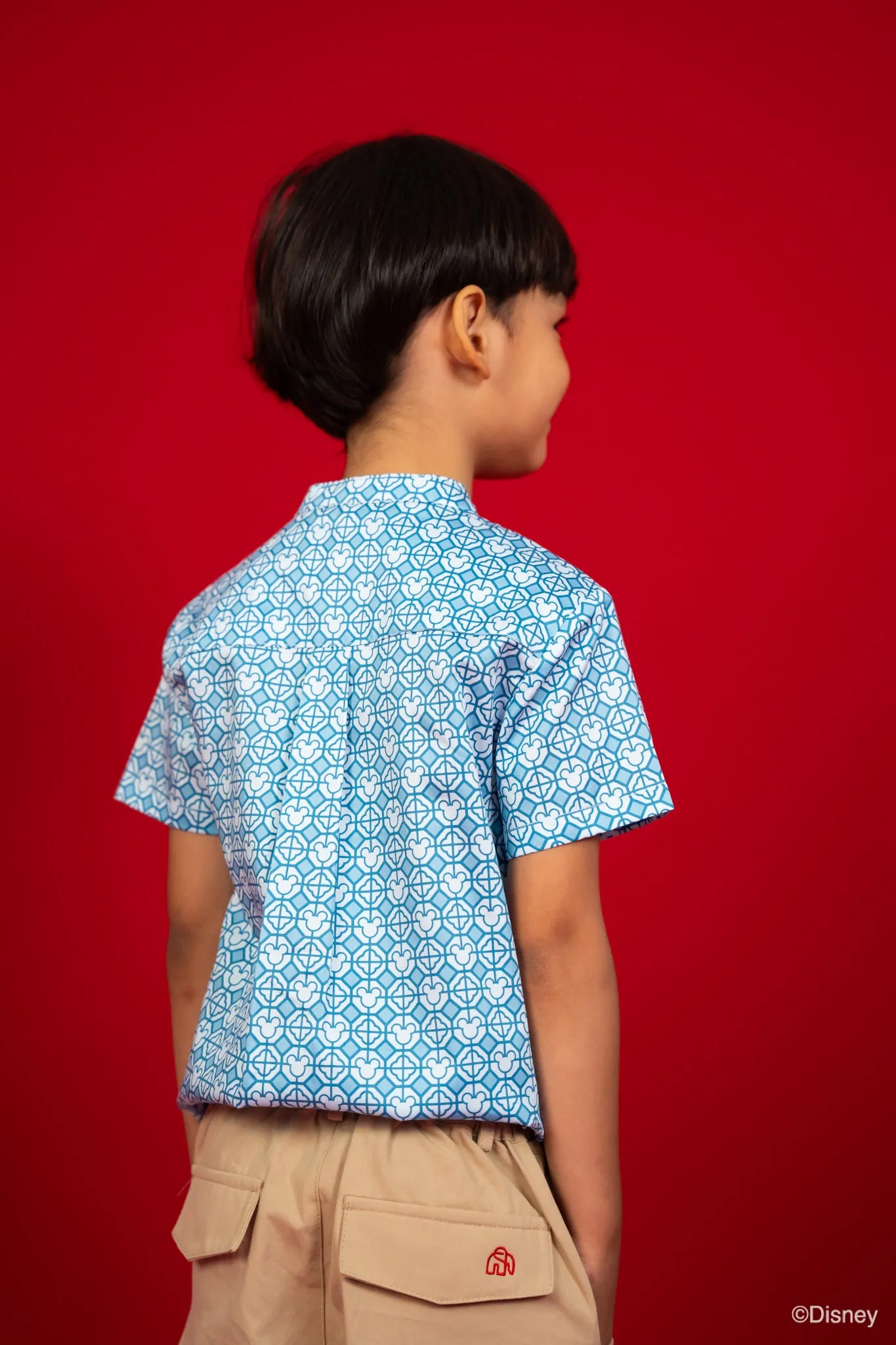 Blue Mandarin-Collared Shirt with Mickey Tiles