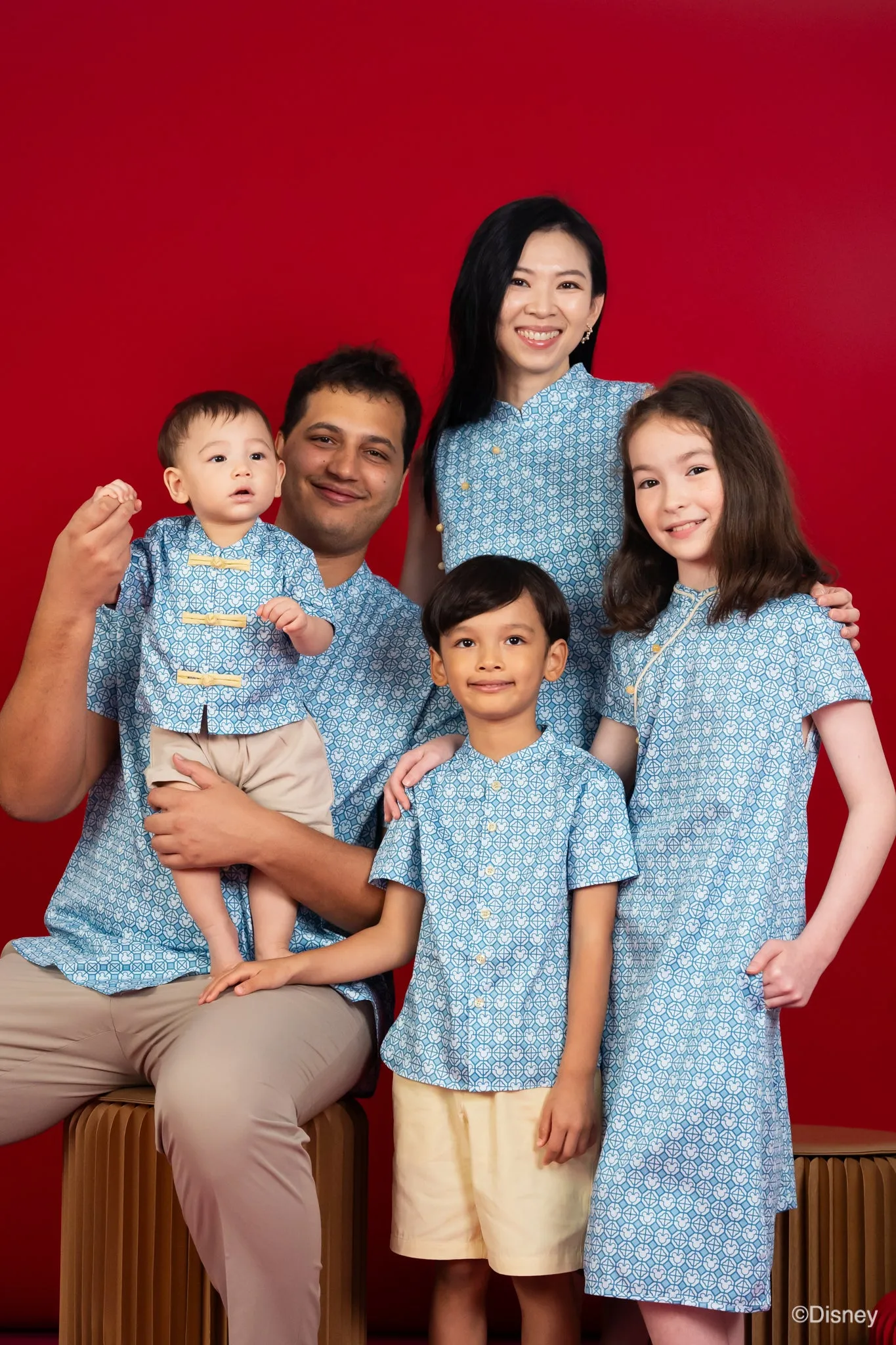 Blue Mandarin-Collared Shirt with Mickey Tiles