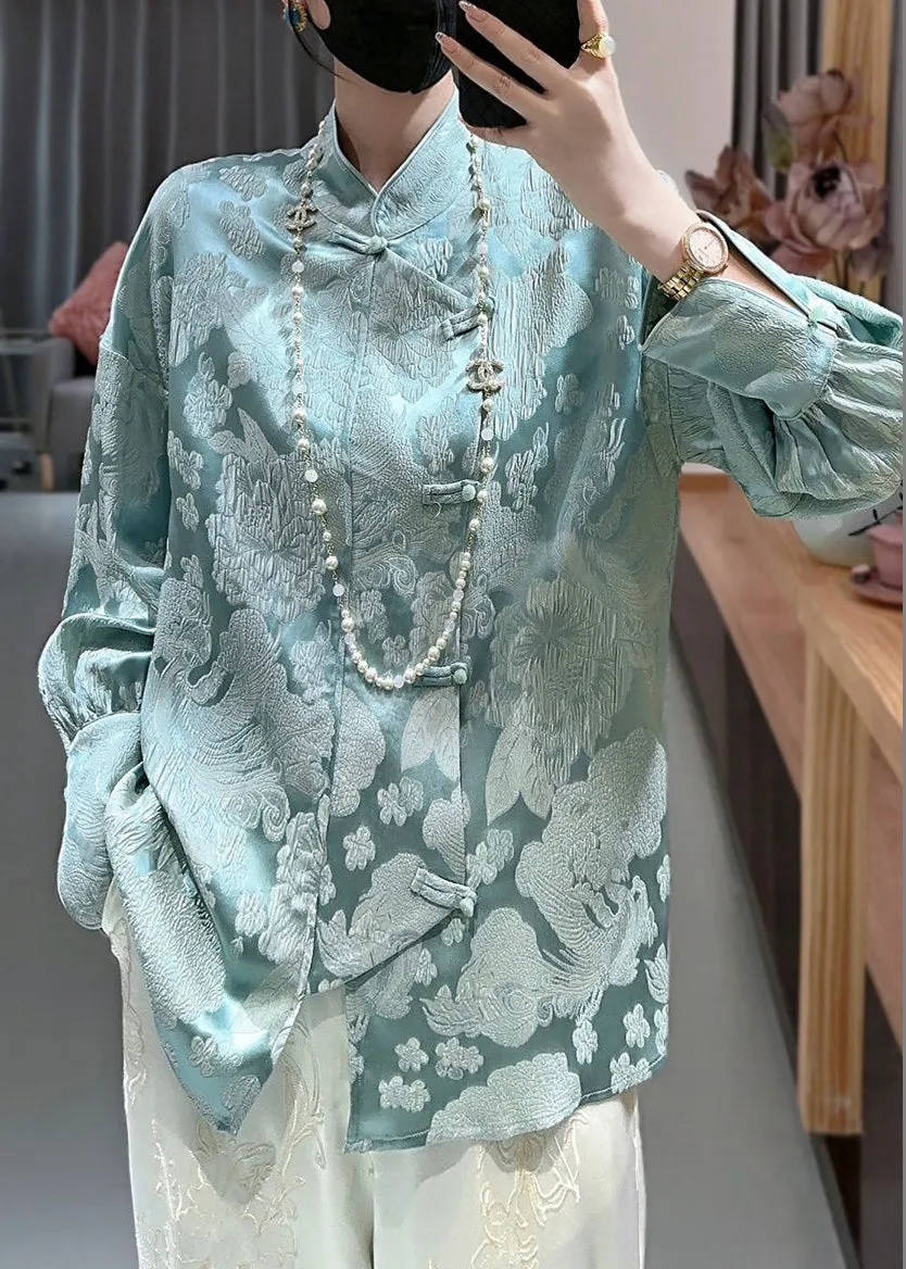 Blue Sky Blue Print Silk Shirt - Stand Collar - Long Sleeve - QA1056