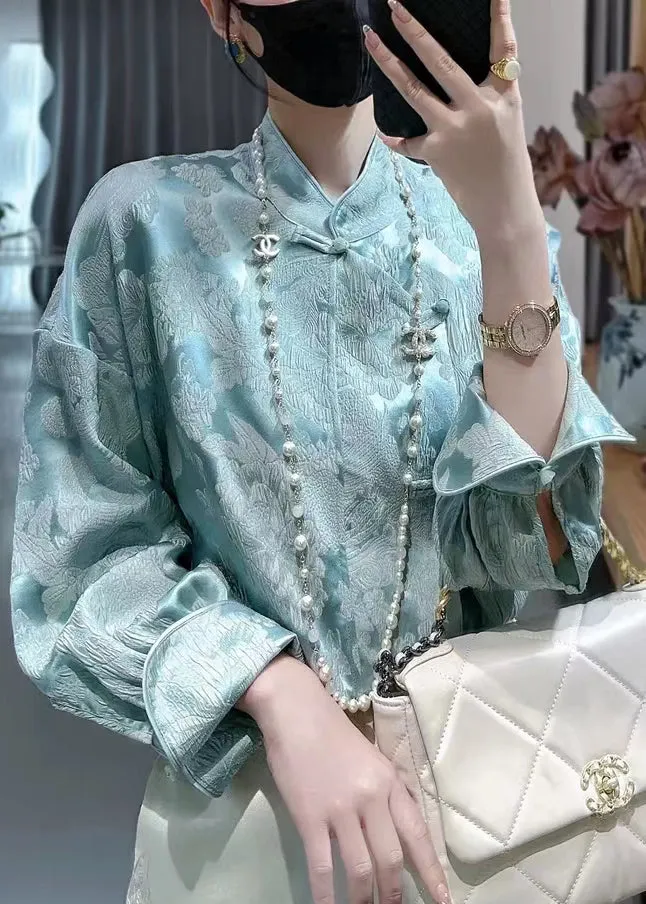 Blue Sky Blue Print Silk Shirt - Stand Collar - Long Sleeve - QA1056