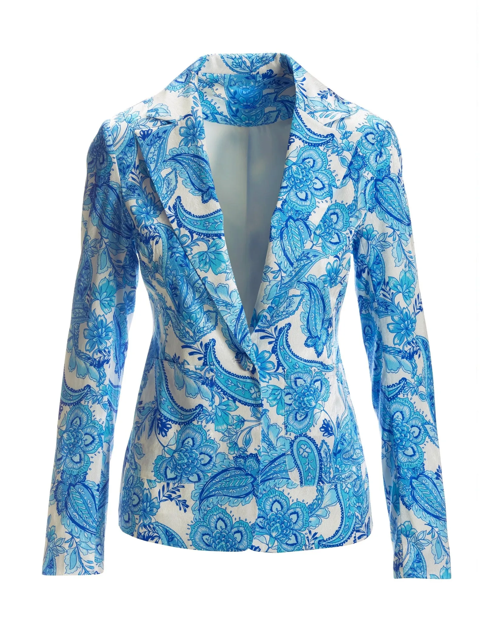 Blue Wave Paisley Print Single Button Textured Satin Blazer Blue - Best Deals Online