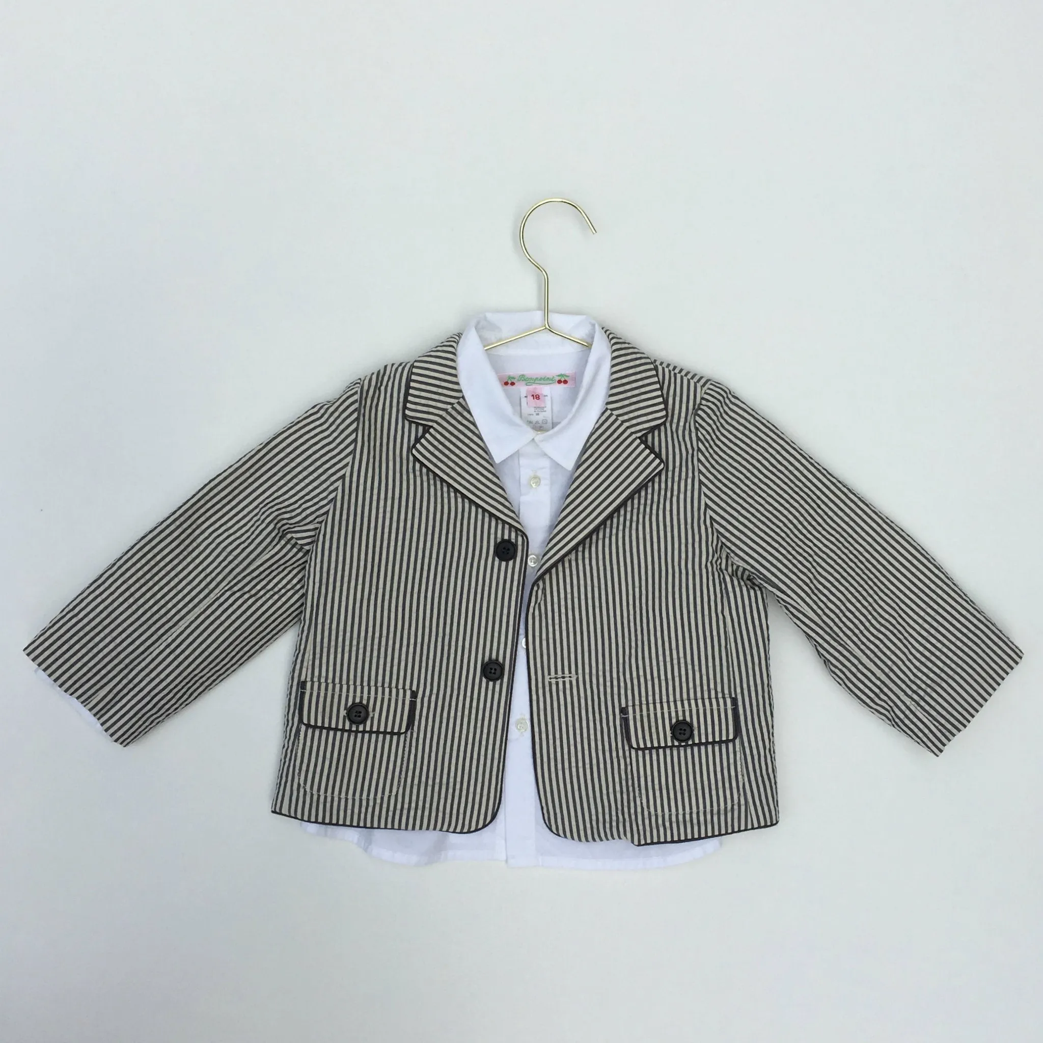 Bonpoint Grey and White Stripe Seersucker Blazer for 18 Months