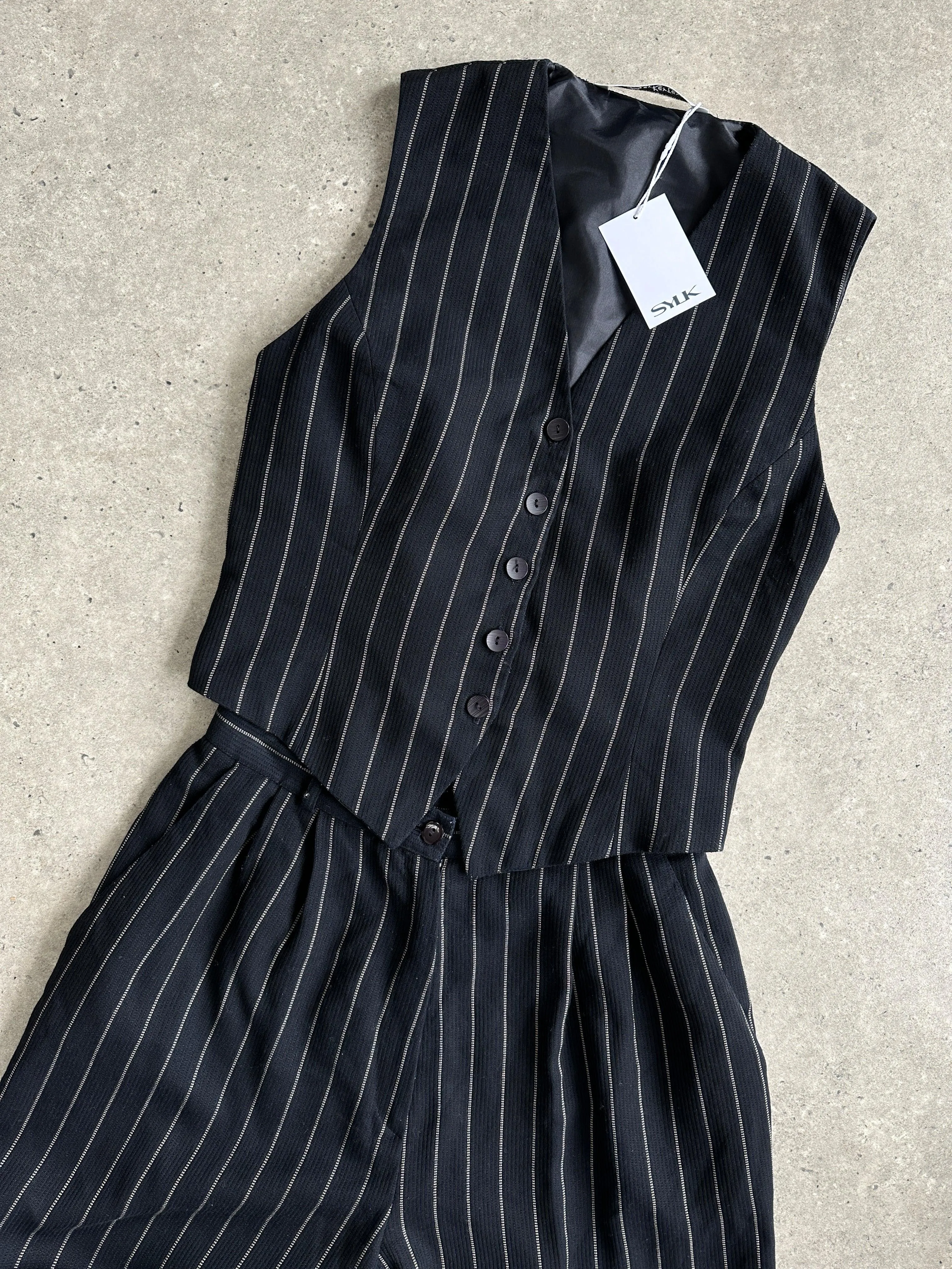 British Vintage Pinstripe Two Piece Waistcoat Trouser Set - M