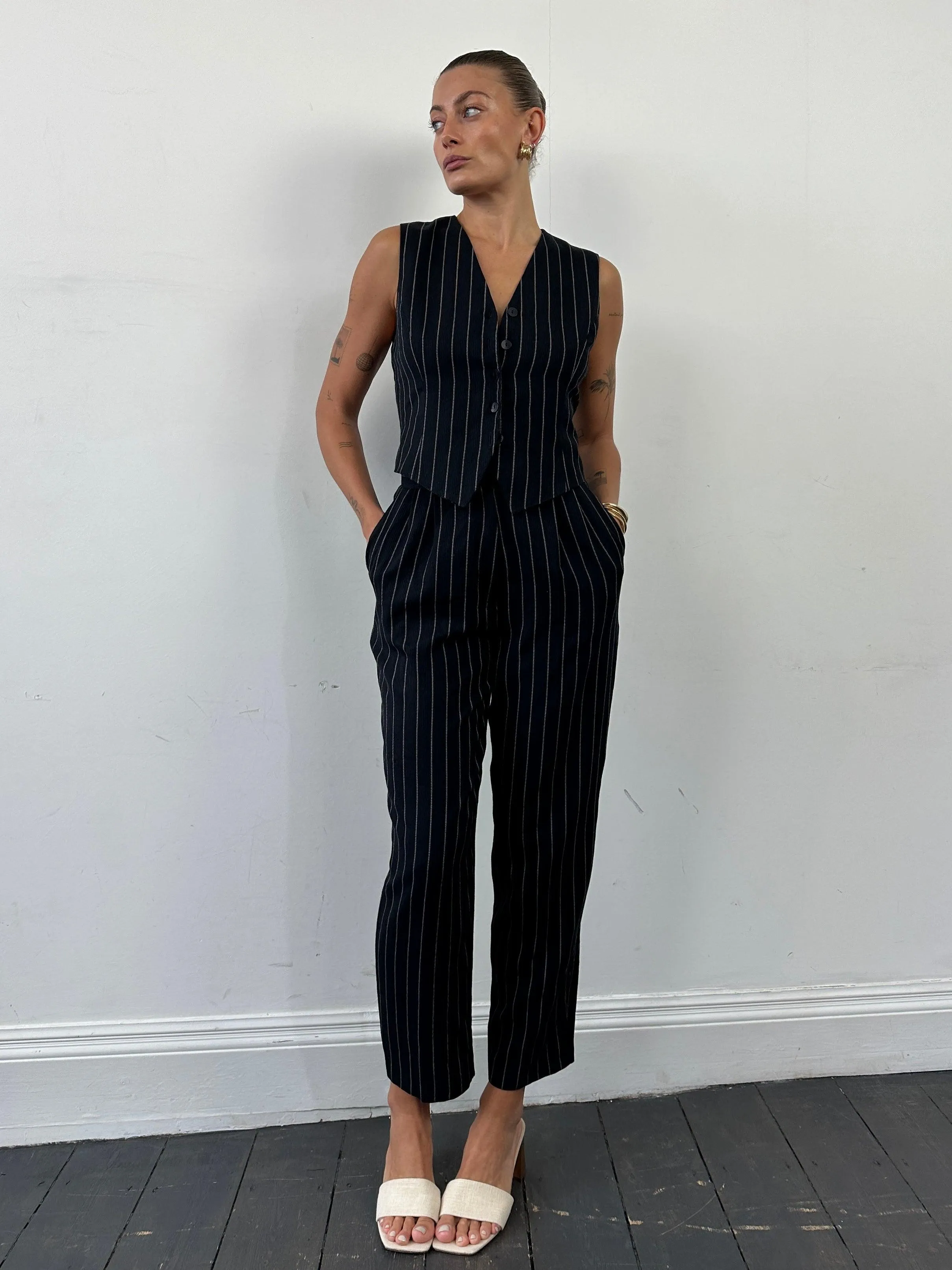 British Vintage Pinstripe Two Piece Waistcoat Trouser Set - M