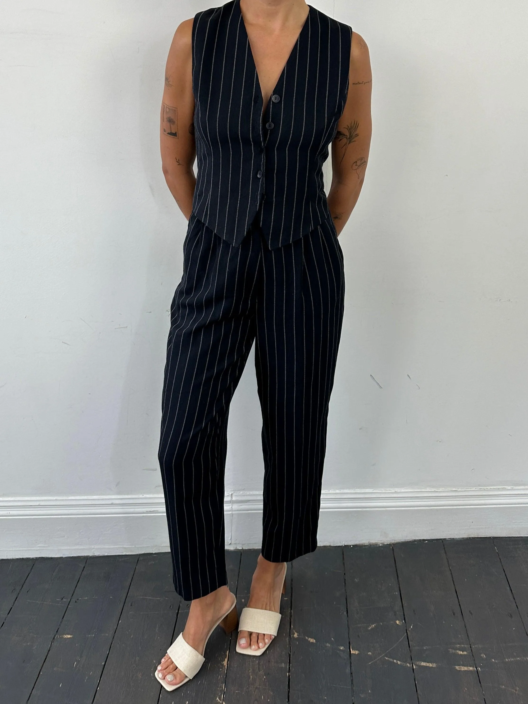 British Vintage Pinstripe Two Piece Waistcoat Trouser Set - M