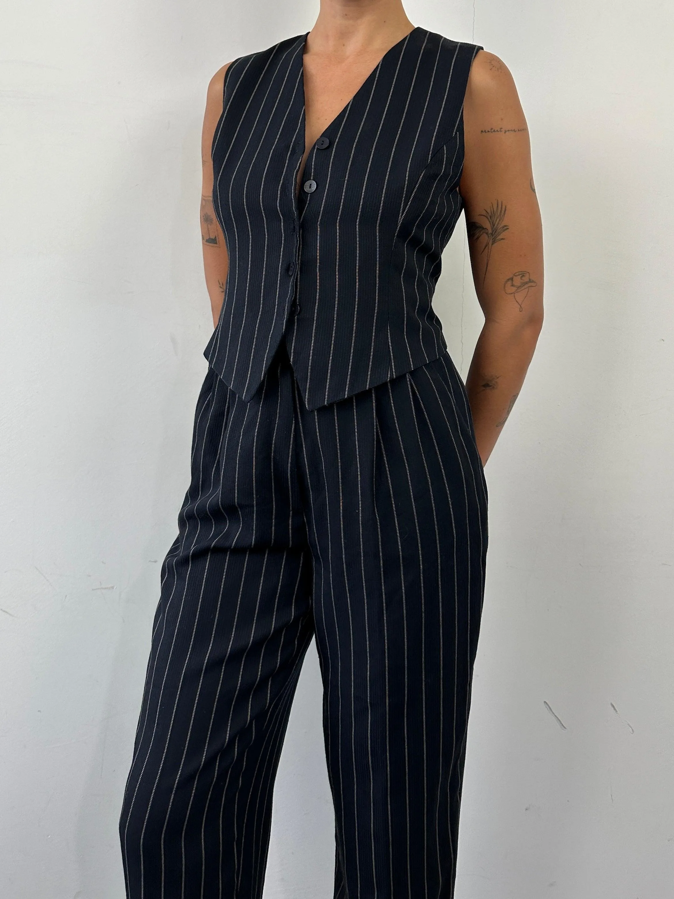 British Vintage Pinstripe Two Piece Waistcoat Trouser Set - M