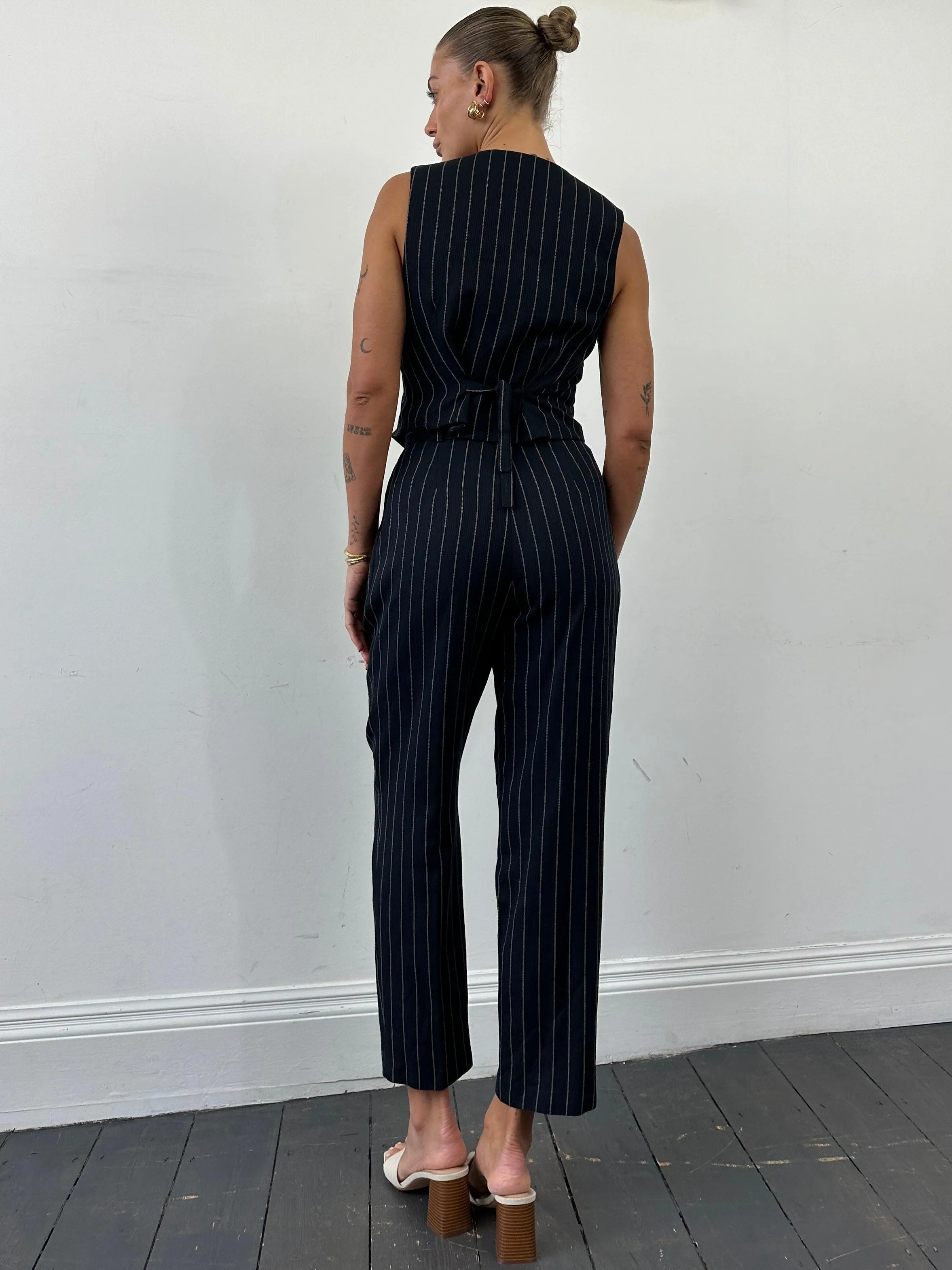 British Vintage Pinstripe Two Piece Waistcoat Trouser Set - M