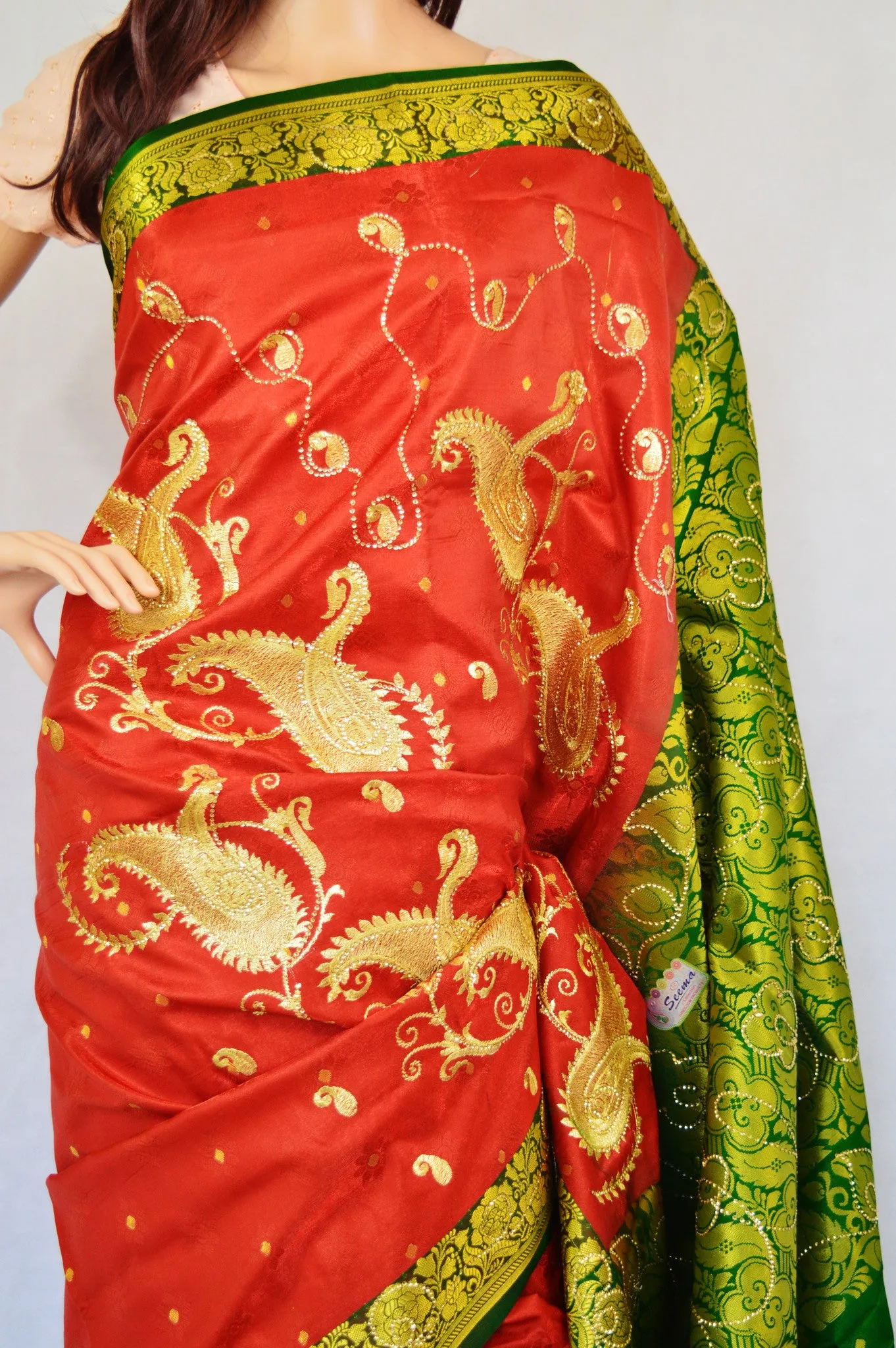 Brown & Green Sequins Work Banaras Silk Saree