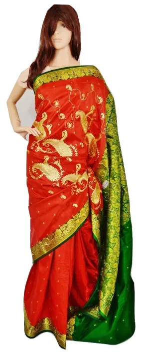 Brown & Green Sequins Work Banaras Silk Saree