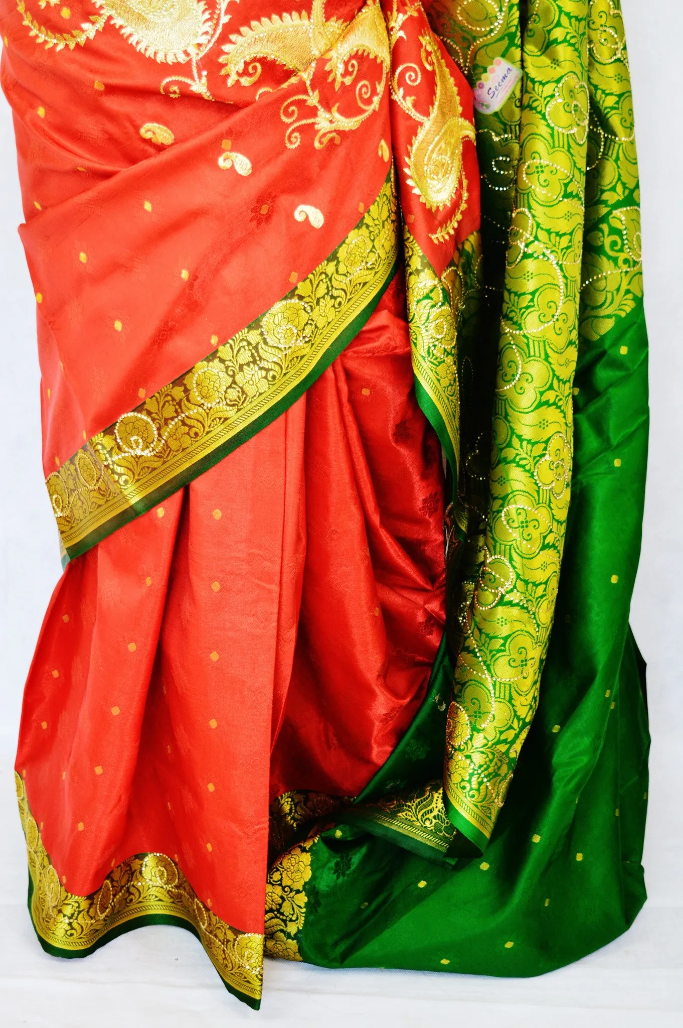 Brown & Green Sequins Work Banaras Silk Saree