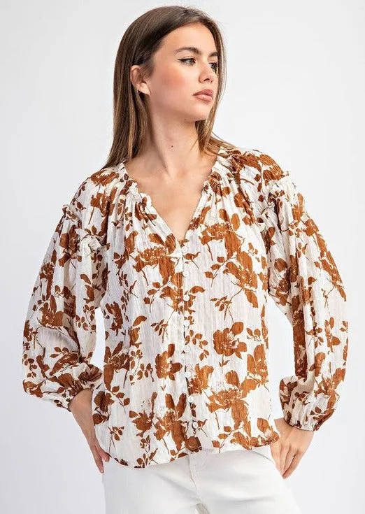 Brown Floral Crinkle Blouse - Women's Fashion - Trendy Casual Wear