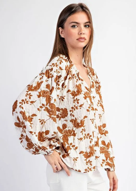 Brown Floral Crinkle Blouse - Women's Fashion - Trendy Casual Wear