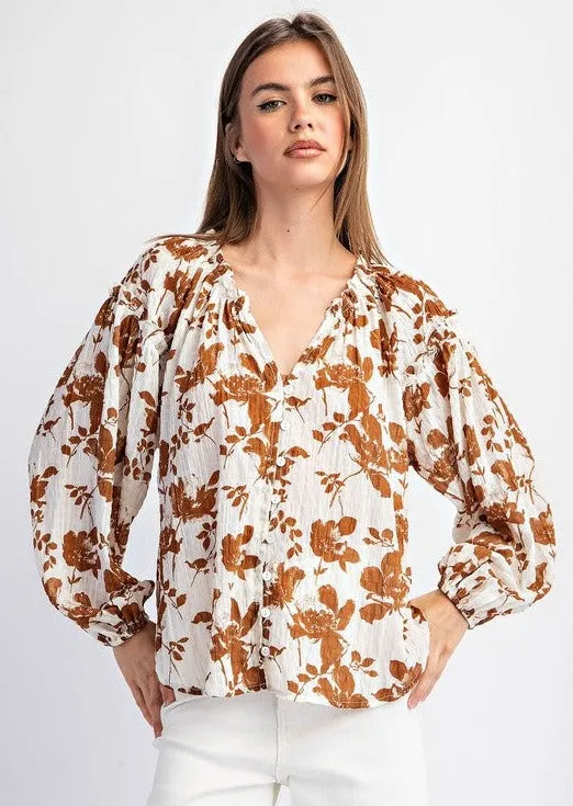 Brown Floral Crinkle Blouse - Women's Fashion - Trendy Casual Wear