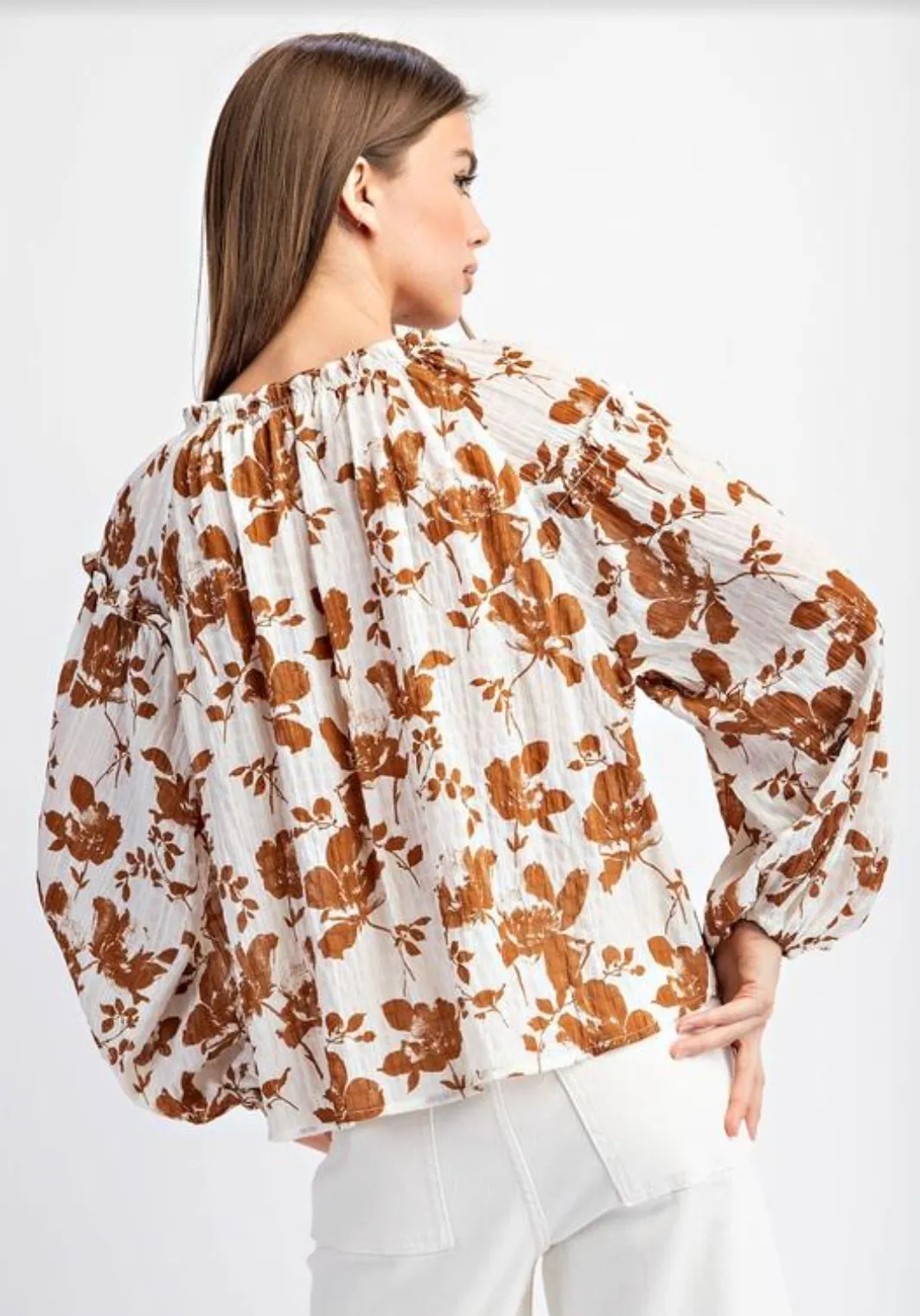 Brown Floral Crinkle Blouse - Women's Fashion - Trendy Casual Wear