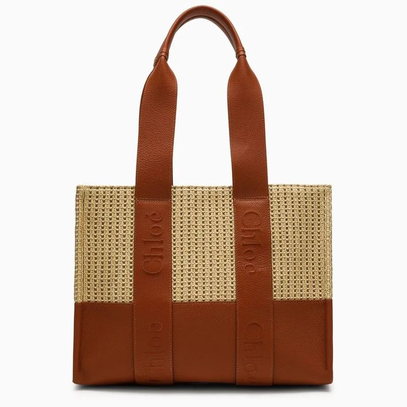 CHLO Medium Caramel Raffia-Effect Woody Tote Bag with Leather Accents for Women