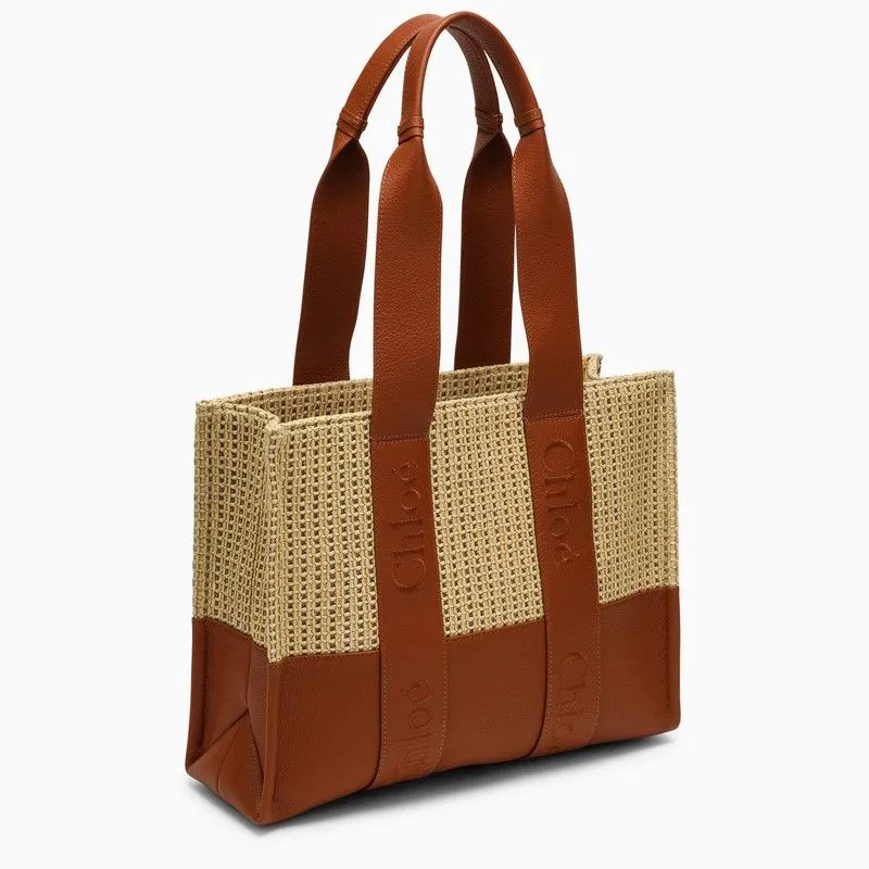 CHLO Medium Caramel Raffia-Effect Woody Tote Bag with Leather Accents for Women