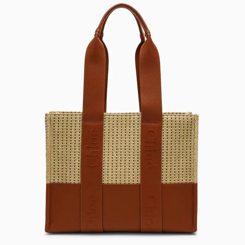 CHLO Medium Caramel Raffia-Effect Woody Tote Bag with Leather Accents for Women