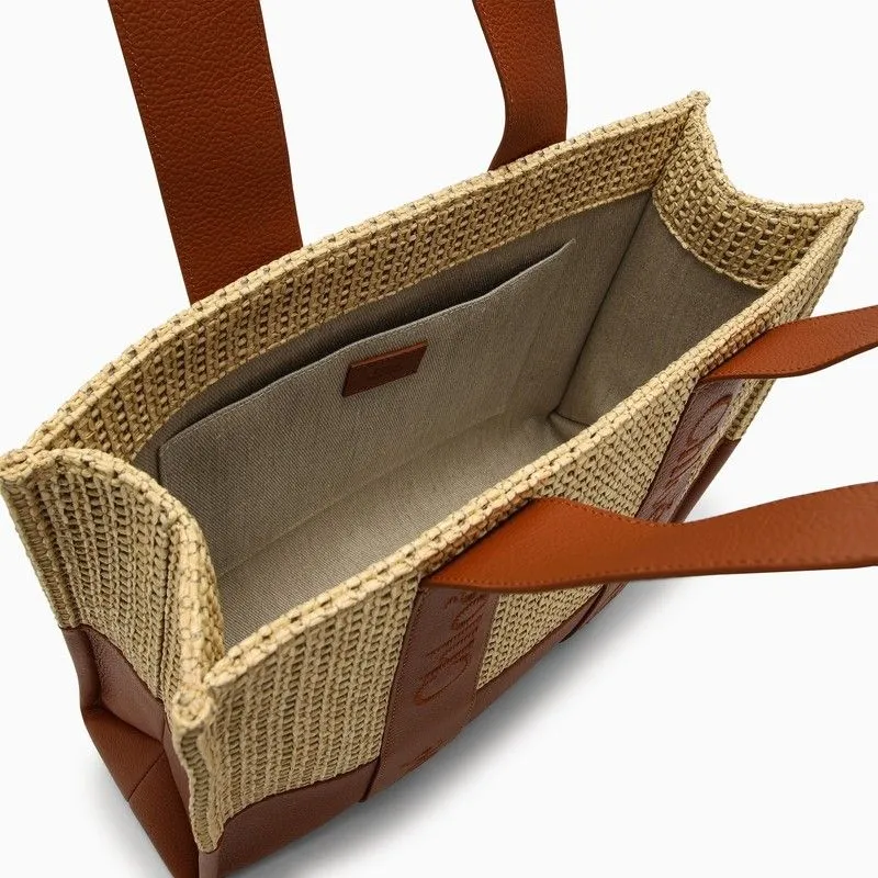 CHLO Medium Caramel Raffia-Effect Woody Tote Bag with Leather Accents for Women