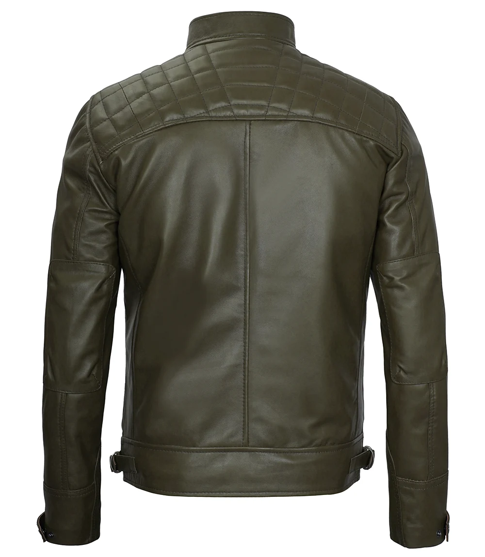 Classic Men's Dark Green Real Leather Cafe Racer Biker Jacket