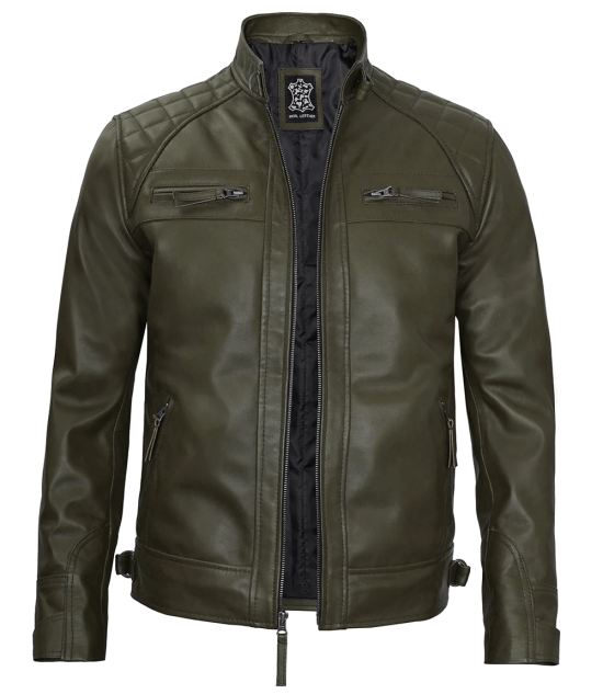 Classic Men's Dark Green Real Leather Cafe Racer Biker Jacket