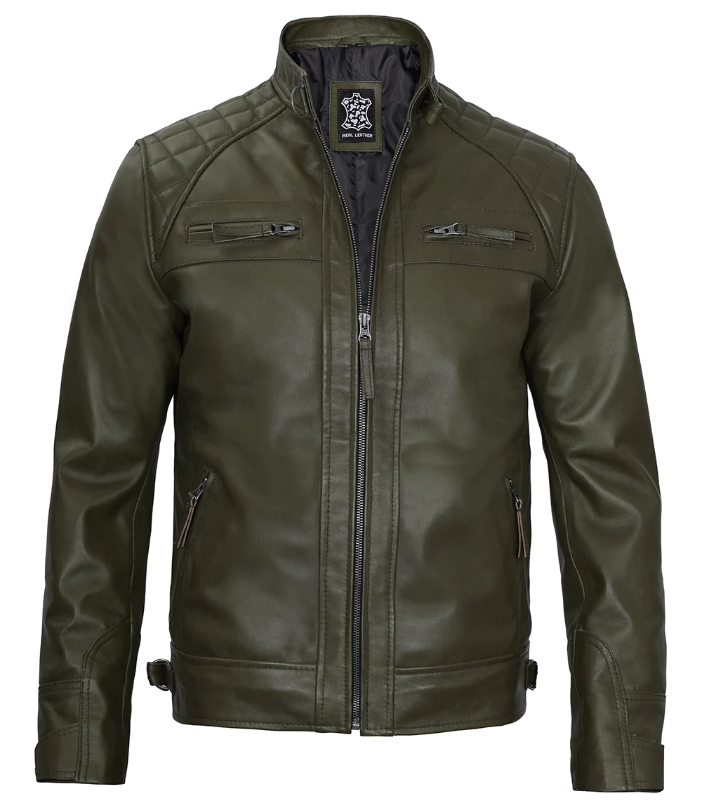 Classic Men's Dark Green Real Leather Cafe Racer Biker Jacket