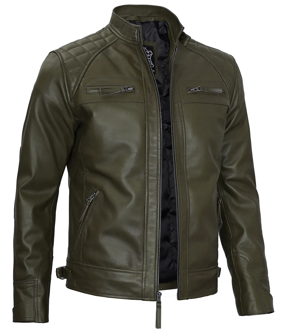 Classic Men's Dark Green Real Leather Cafe Racer Biker Jacket